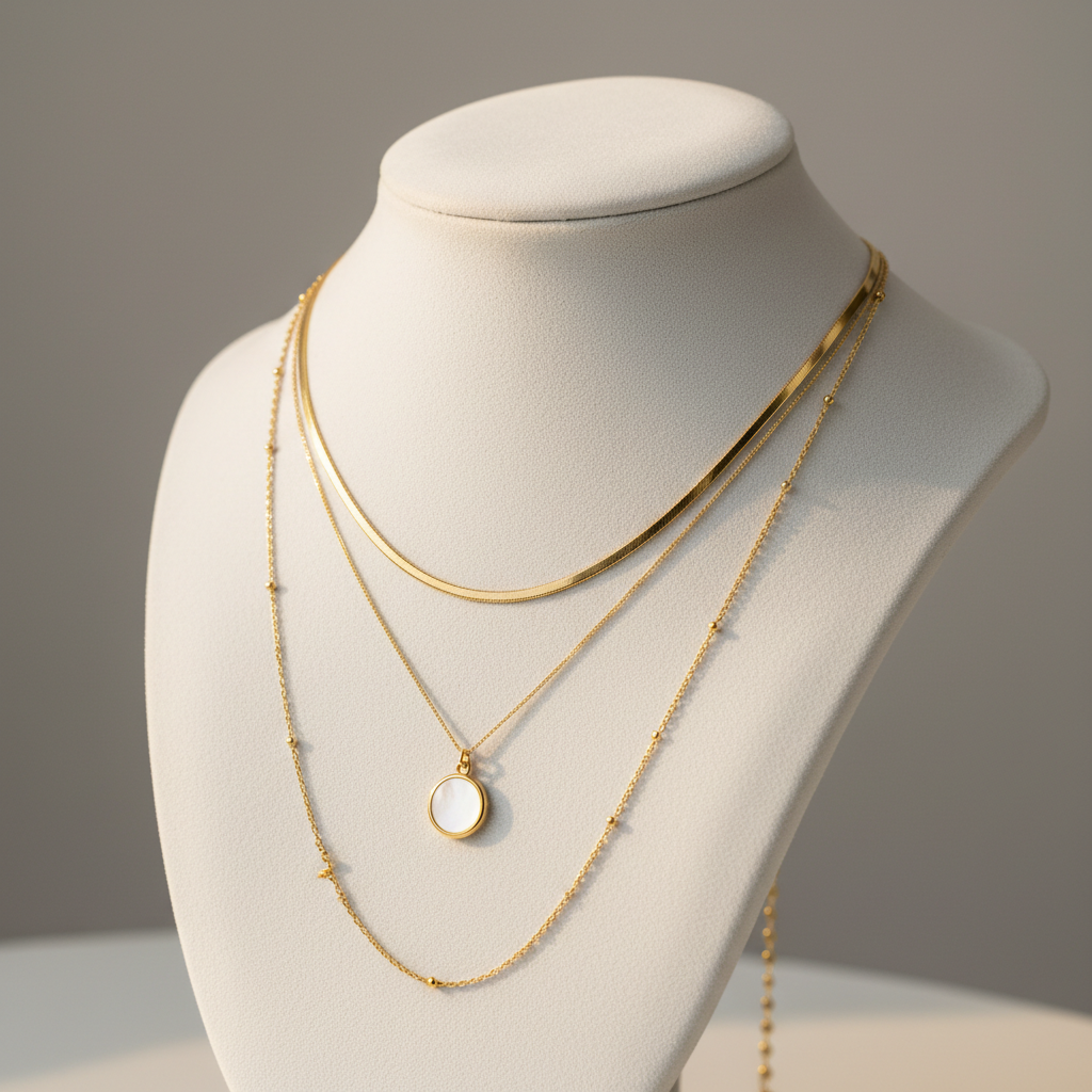 Gold Layered Necklace on velvet stand
