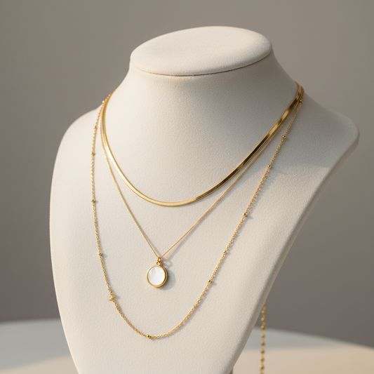 Gold Layered Necklace on velvet stand