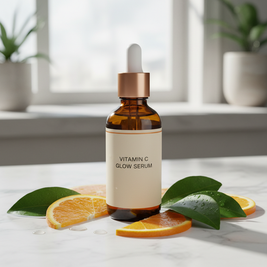 Vitamin C Face Serum with orange slices on marble surface