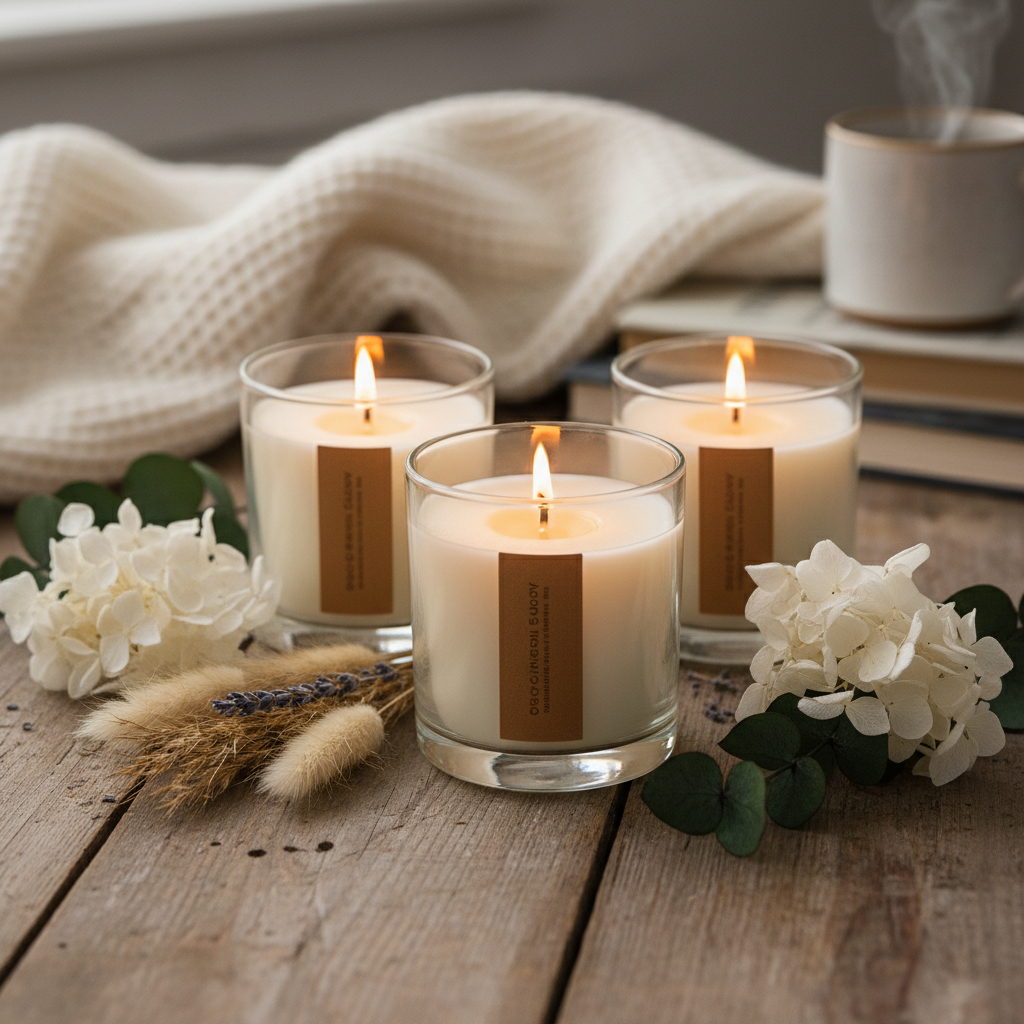 Scented Soy Candle Set - 3 glass jar candles with warm glow