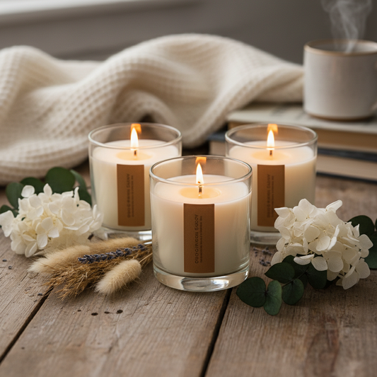 Scented Soy Candle Set - 3 glass jar candles with warm glow