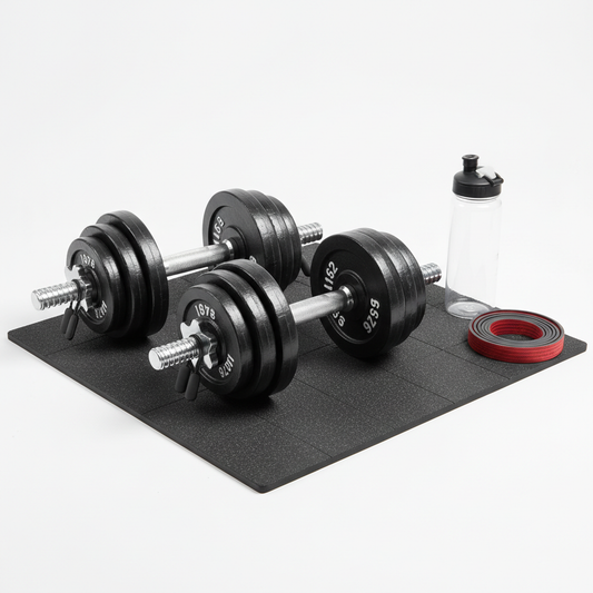 Adjustable dumbbell set with weight plates and storage tray